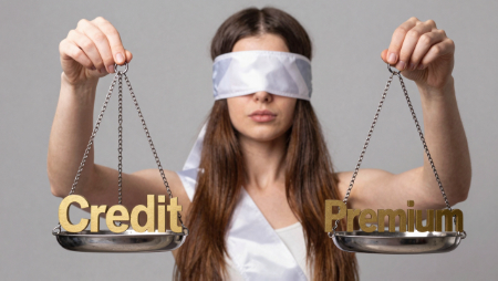 blindfolded woman holding scale balancing credit and premium generated with Z-Image