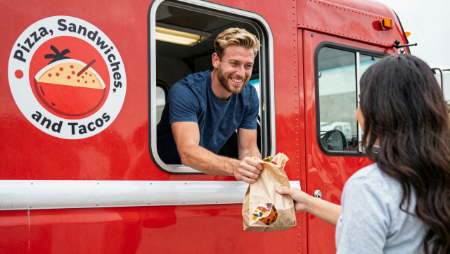caterer leans out food truck window handing bag to customer generated with Z-Image