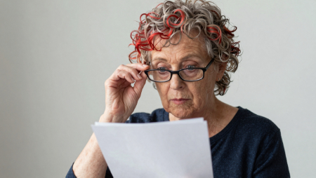 older woman holding her glasses reading an insurance bill generated with Z-Image